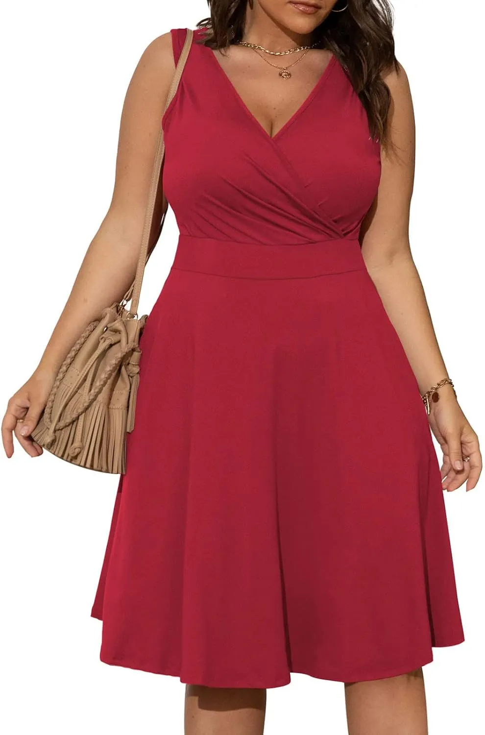Womens Plus Size Casual Summer Dresses Sleeveless V Neck Midi Dress A Line Sundress Vacation Outfits with Pockets