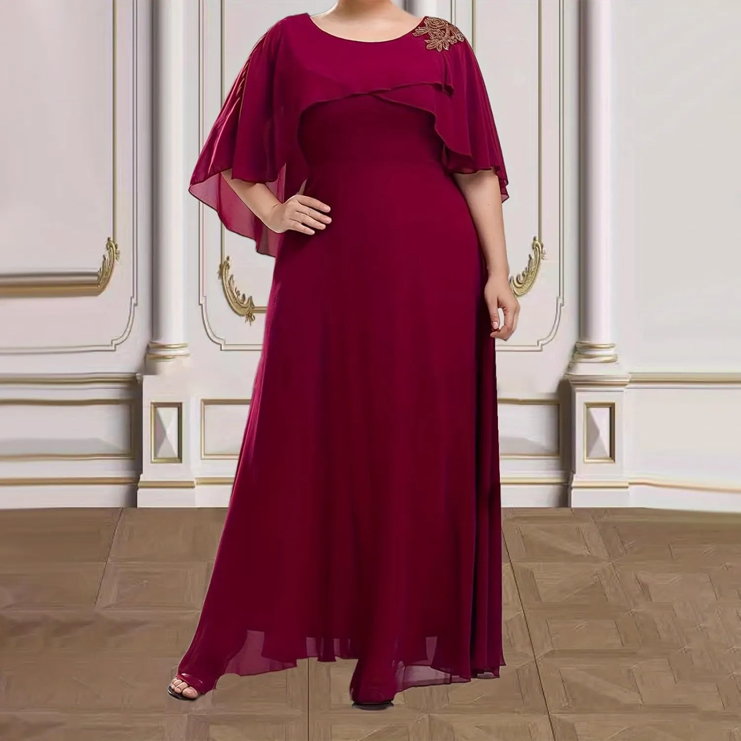 Women's Plus Size Elegant Chiffon Dresses Cape Maxi Dress Evening Gowns Wedding Guest Prom Formal Dresses