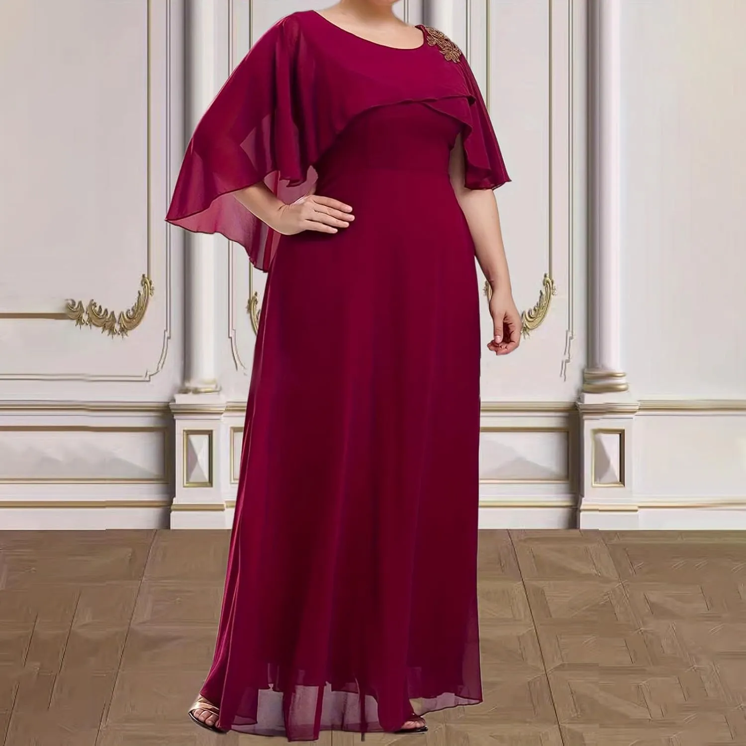 Women's Plus Size Elegant Chiffon Dresses Cape Maxi Dress Evening Gowns Wedding Guest Prom Formal Dresses