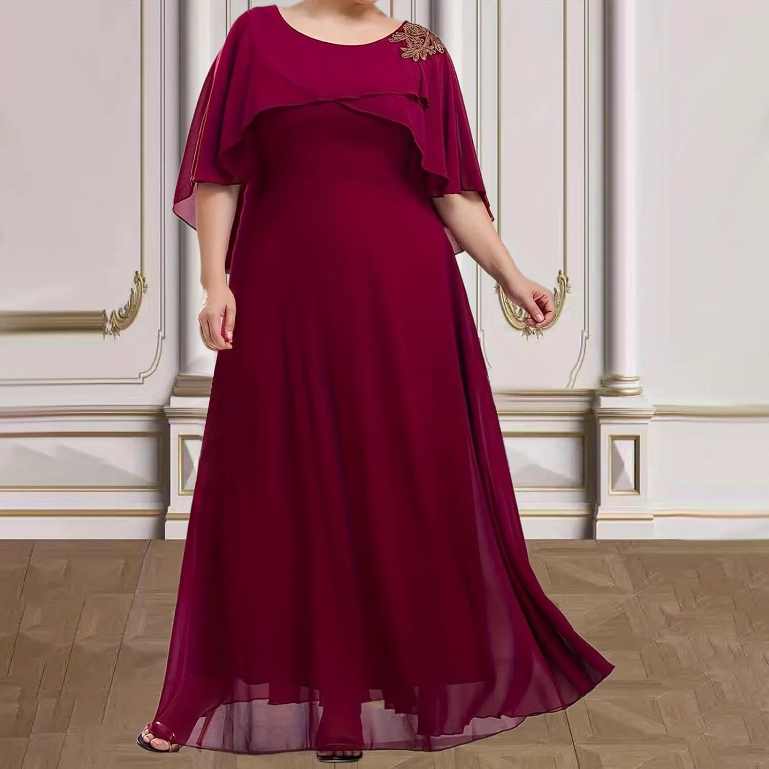 Women's Plus Size Elegant Chiffon Dresses Cape Maxi Dress Evening Gowns Wedding Guest Prom Formal Dresses