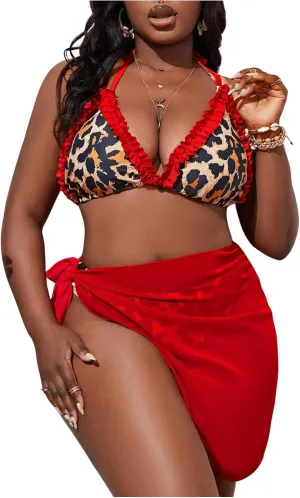 Women's Plus Size Leopard Frill Bathing Suit Halter High Waisted Bikini with Knot Beach Skirt Cover Up