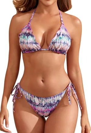 Women's Ruffled Flounce Halter String Triangle Bikini Sets Removable Bra Tie Side Two Piece Sexy Swimsuit