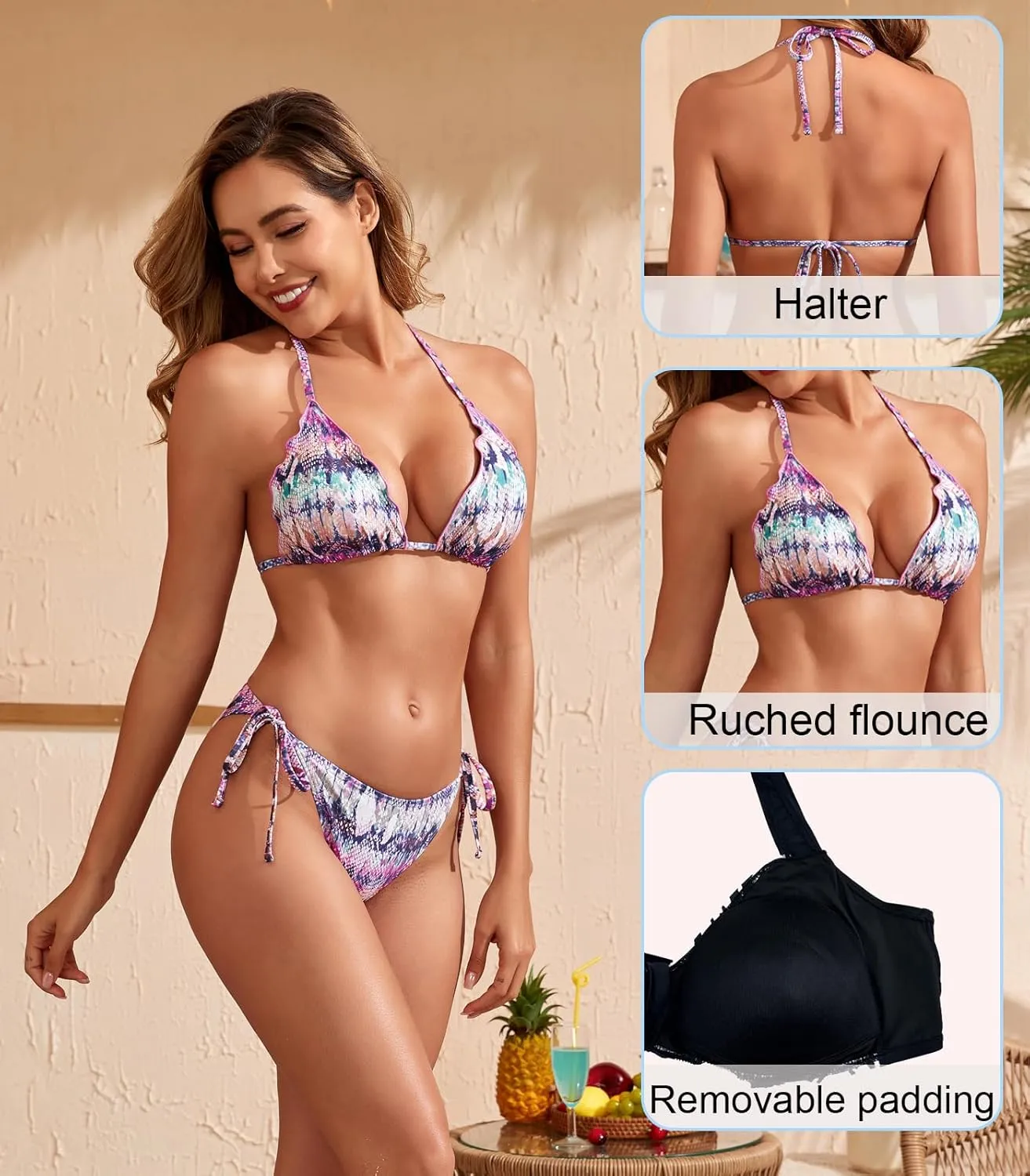 Women's Ruffled Flounce Halter String Triangle Bikini Sets Removable Bra Tie Side Two Piece Sexy Swimsuit