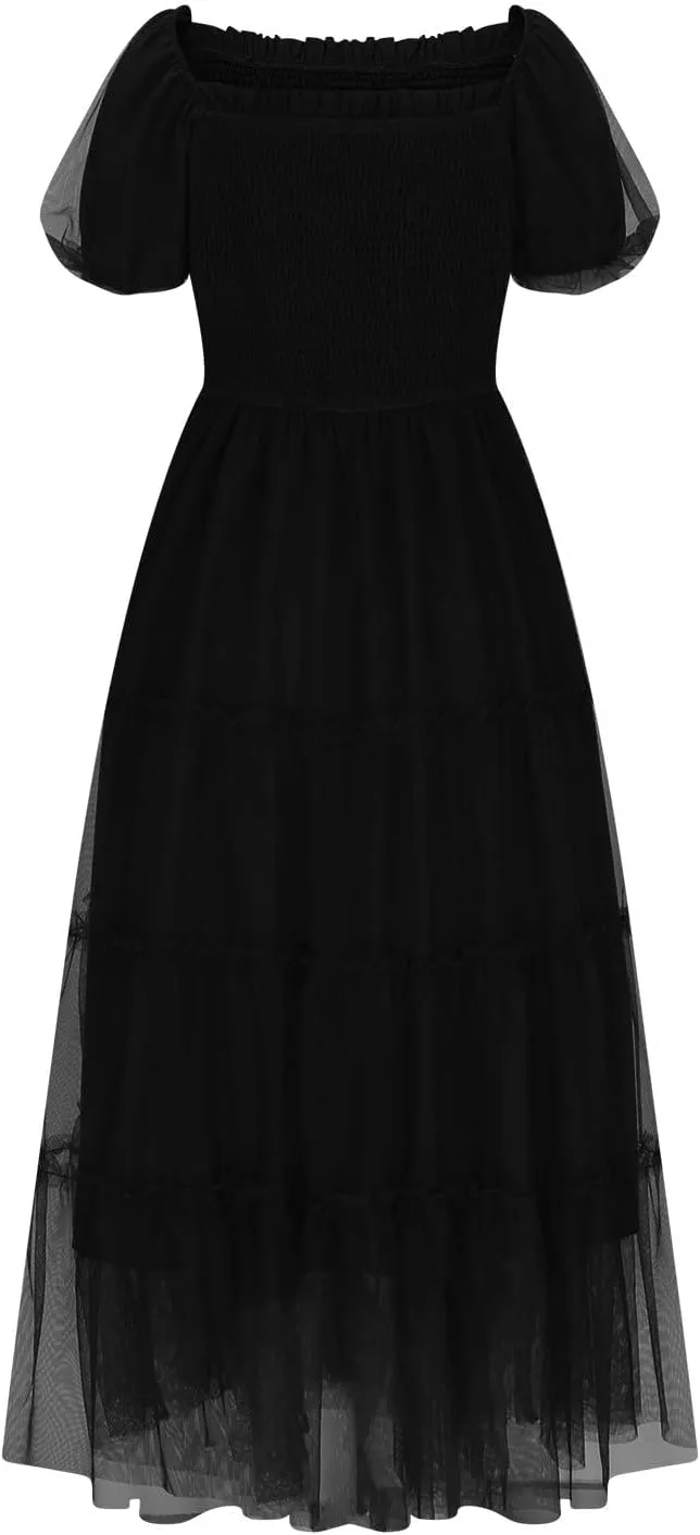 Women's Smocked Midi Tulle Dress 2025 Summer Puffy Short Sleeve Square Neck Dress Ruffle Wedding Guest Party Dresses