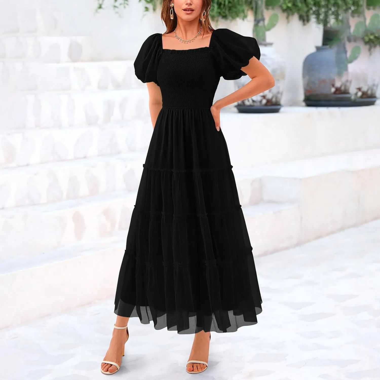 Women's Smocked Midi Tulle Dress 2025 Summer Puffy Short Sleeve Square Neck Dress Ruffle Wedding Guest Party Dresses