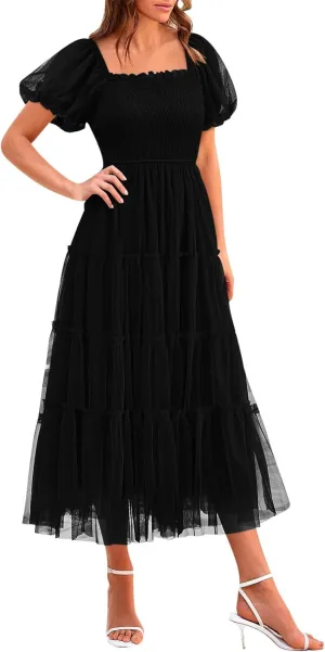 Women's Smocked Midi Tulle Dress 2025 Summer Puffy Short Sleeve Square Neck Dress Ruffle Wedding Guest Party Dresses