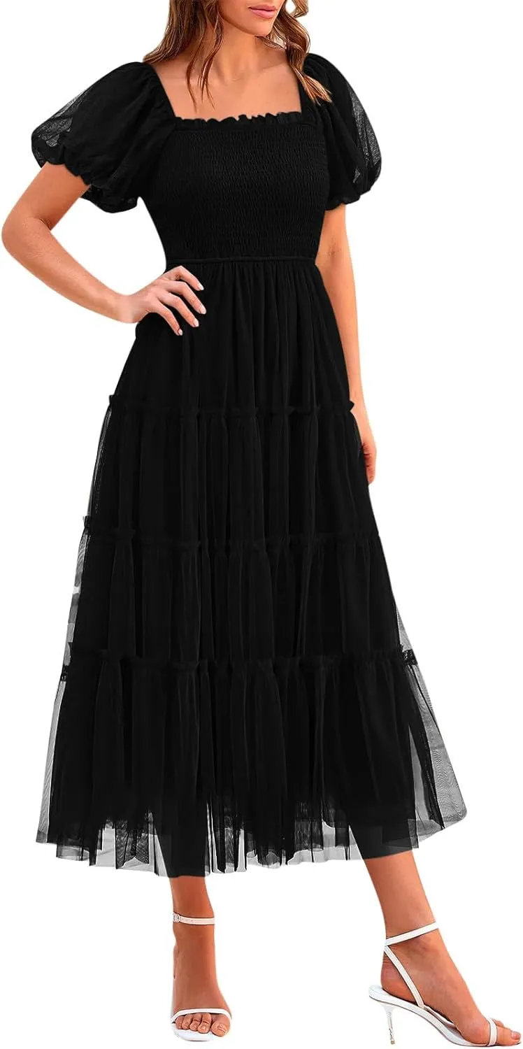 Women's Smocked Midi Tulle Dress 2025 Summer Puffy Short Sleeve Square Neck Dress Ruffle Wedding Guest Party Dresses