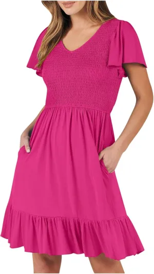 Womens Smocked Short Sleeve V Neck Mini Dress 2024 Summer Casual Ruffle Swing Hem Beach Vacation Dress with Pockets
