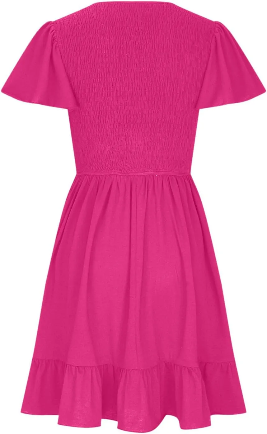 Womens Smocked Short Sleeve V Neck Mini Dress 2024 Summer Casual Ruffle Swing Hem Beach Vacation Dress with Pockets