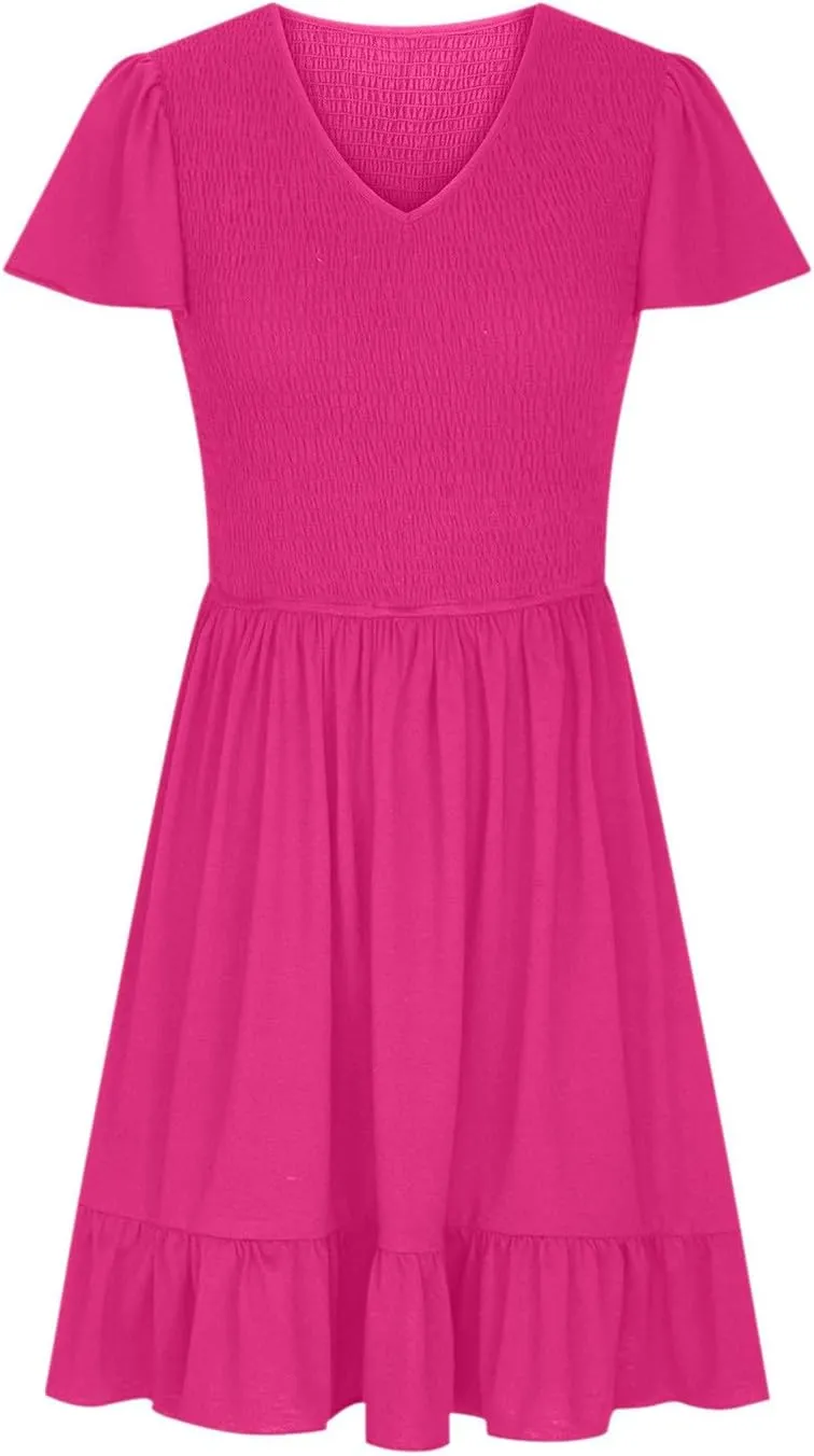 Womens Smocked Short Sleeve V Neck Mini Dress 2024 Summer Casual Ruffle Swing Hem Beach Vacation Dress with Pockets