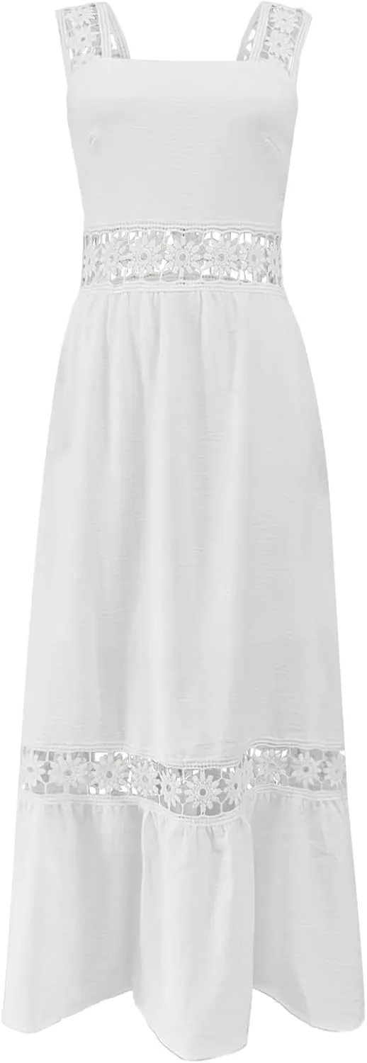 Women's Solid Color Lace Trim Square Neck Sleeveless Midi Dress Summer Dresses for Women Beach Plus Size