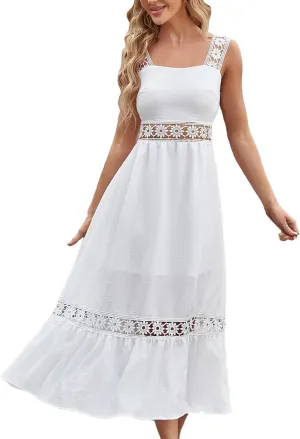 Women's Solid Color Lace Trim Square Neck Sleeveless Midi Dress Summer Dresses for Women Beach Plus Size