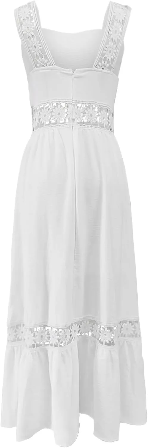 Women's Solid Color Lace Trim Square Neck Sleeveless Midi Dress Summer Dresses for Women Beach Plus Size