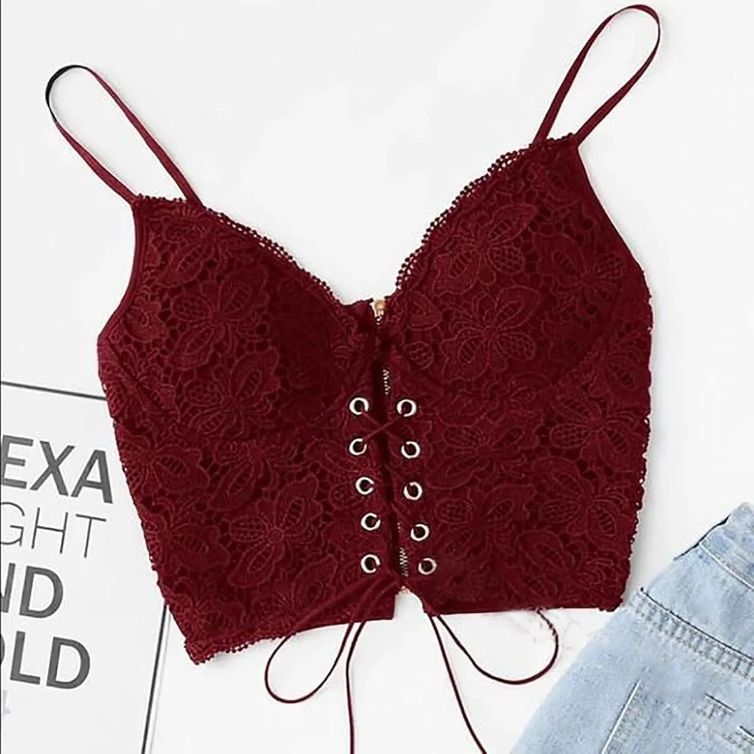 Women's Splicing Lace Sexy Tank Spaghetti Strap Drawstring Trendy Camisole Cropped Solid V Neck with Bulit in Bra