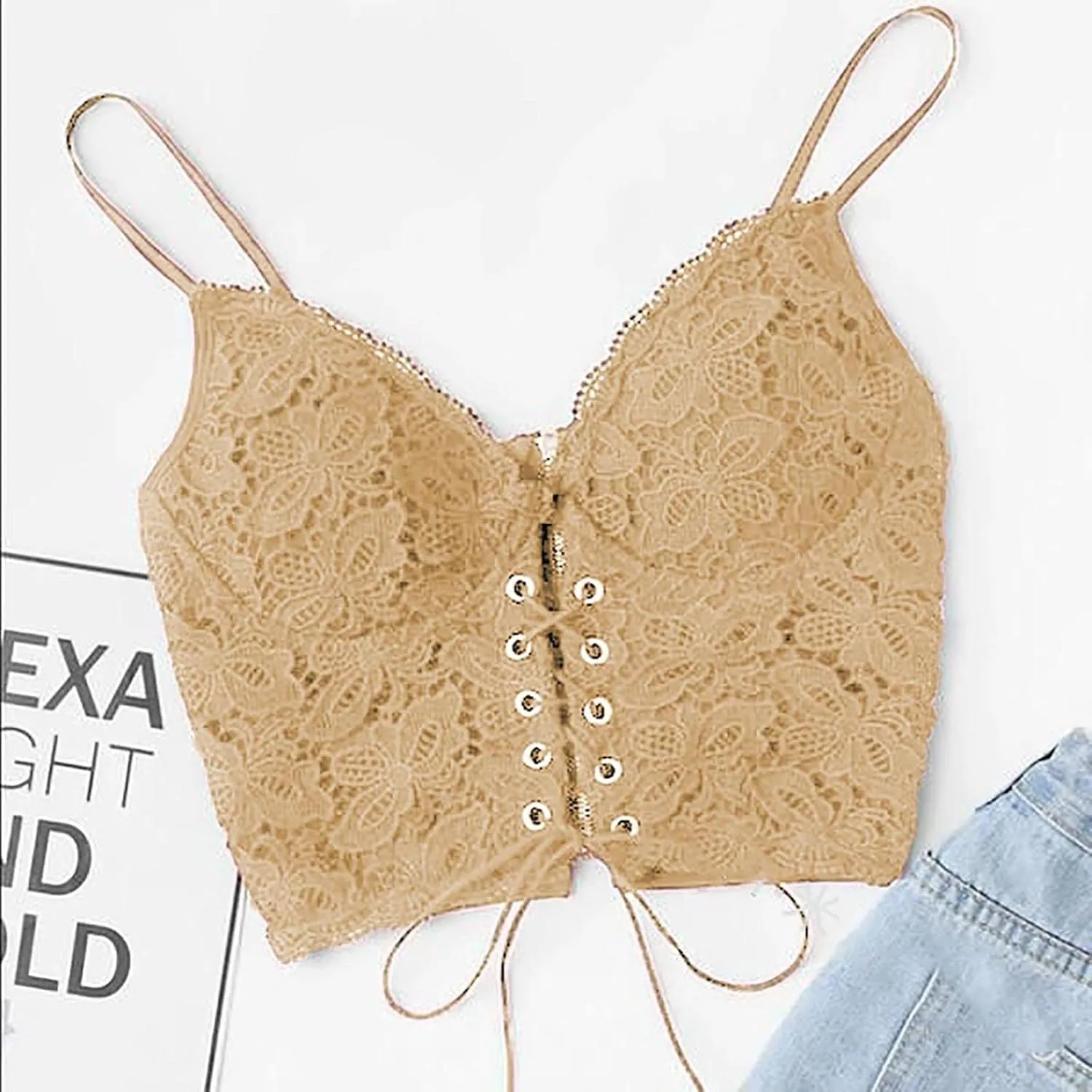 Women's Splicing Lace Sexy Tank Spaghetti Strap Drawstring Trendy Camisole Cropped Solid V Neck with Bulit in Bra