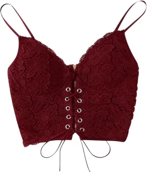 Women's Splicing Lace Sexy Tank Spaghetti Strap Drawstring Trendy Camisole Cropped Solid V Neck with Bulit in Bra