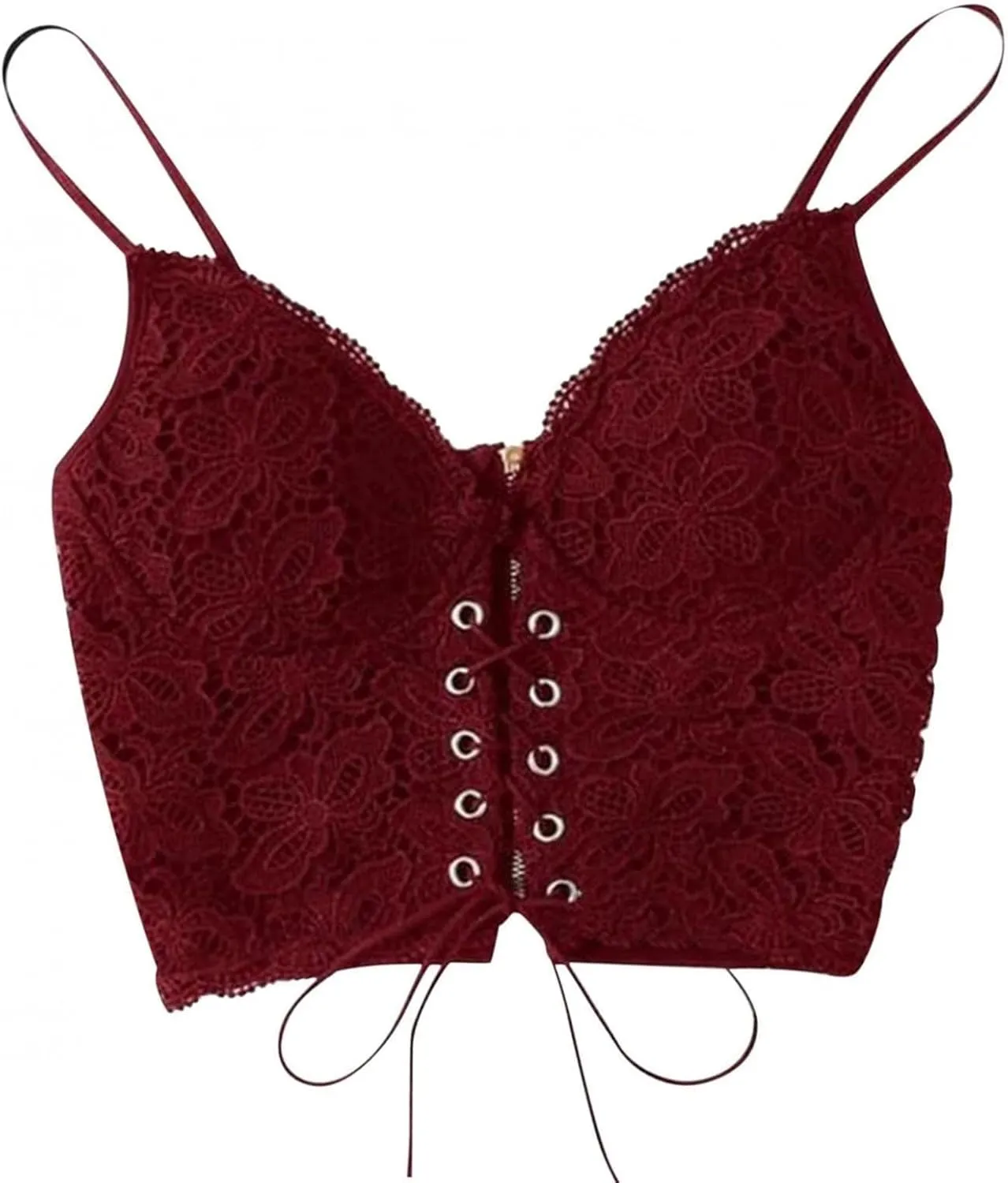 Women's Splicing Lace Sexy Tank Spaghetti Strap Drawstring Trendy Camisole Cropped Solid V Neck with Bulit in Bra