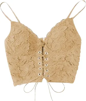 Women's Splicing Lace Sexy Tank Spaghetti Strap Drawstring Trendy Camisole Cropped Solid V Neck with Bulit in Bra