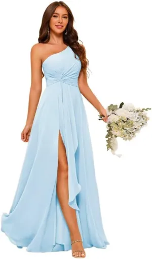 Women's Split One Shoulder Bridesmaid Dresses Long with Pockets Pleated Chiffon Formal Dresses BF20
