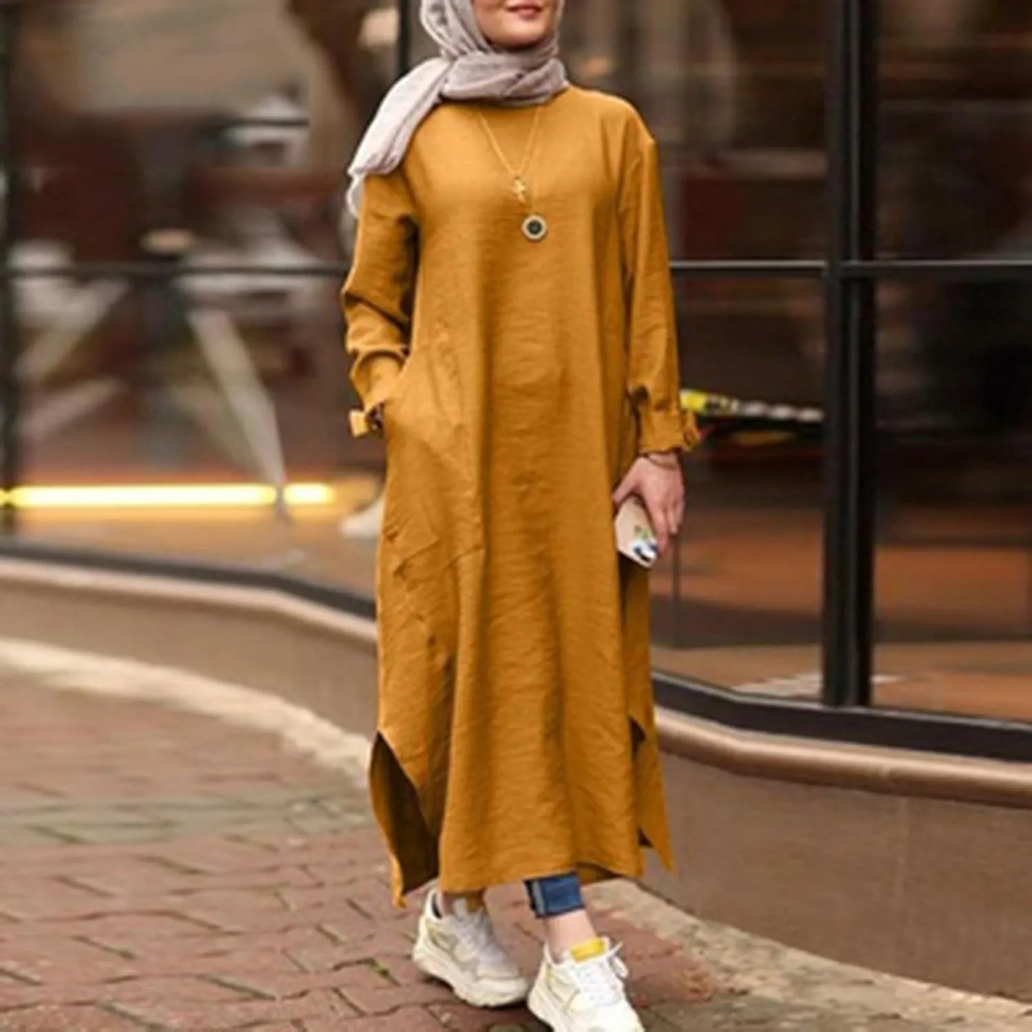 Women's Spring Dresses 2025 Summer Casual Trendy Loose Long Sleeve Crew Neck Solid Maxi Muslim Dresses, S-XL