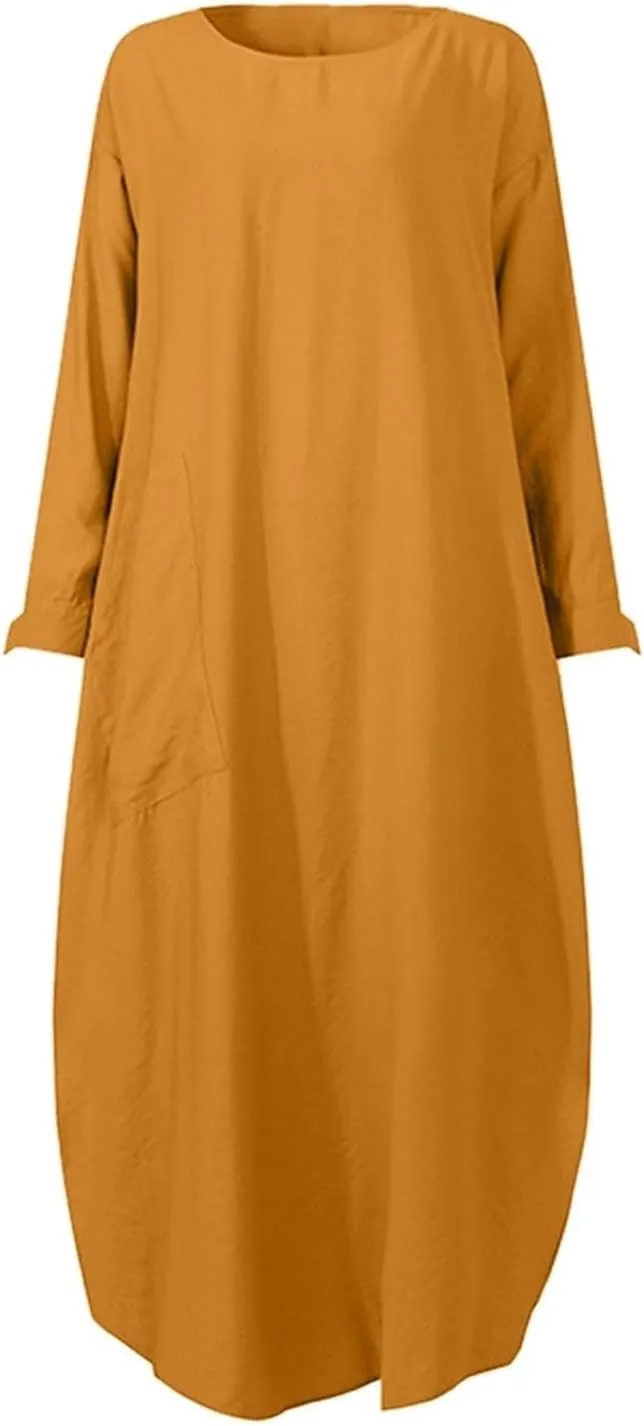 Women's Spring Dresses 2025 Summer Casual Trendy Loose Long Sleeve Crew Neck Solid Maxi Muslim Dresses, S-XL