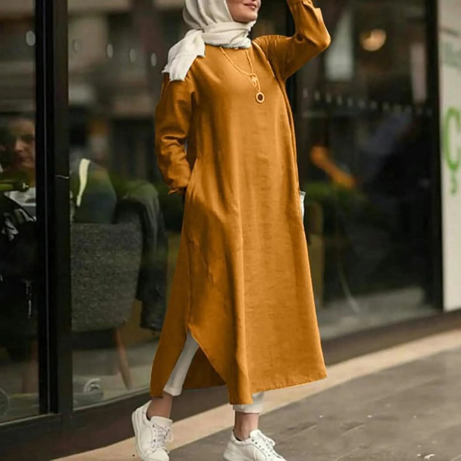 Women's Spring Dresses 2025 Summer Casual Trendy Loose Long Sleeve Crew Neck Solid Maxi Muslim Dresses, S-XL