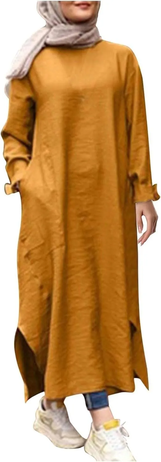 Women's Spring Dresses 2025 Summer Casual Trendy Loose Long Sleeve Crew Neck Solid Maxi Muslim Dresses, S-XL