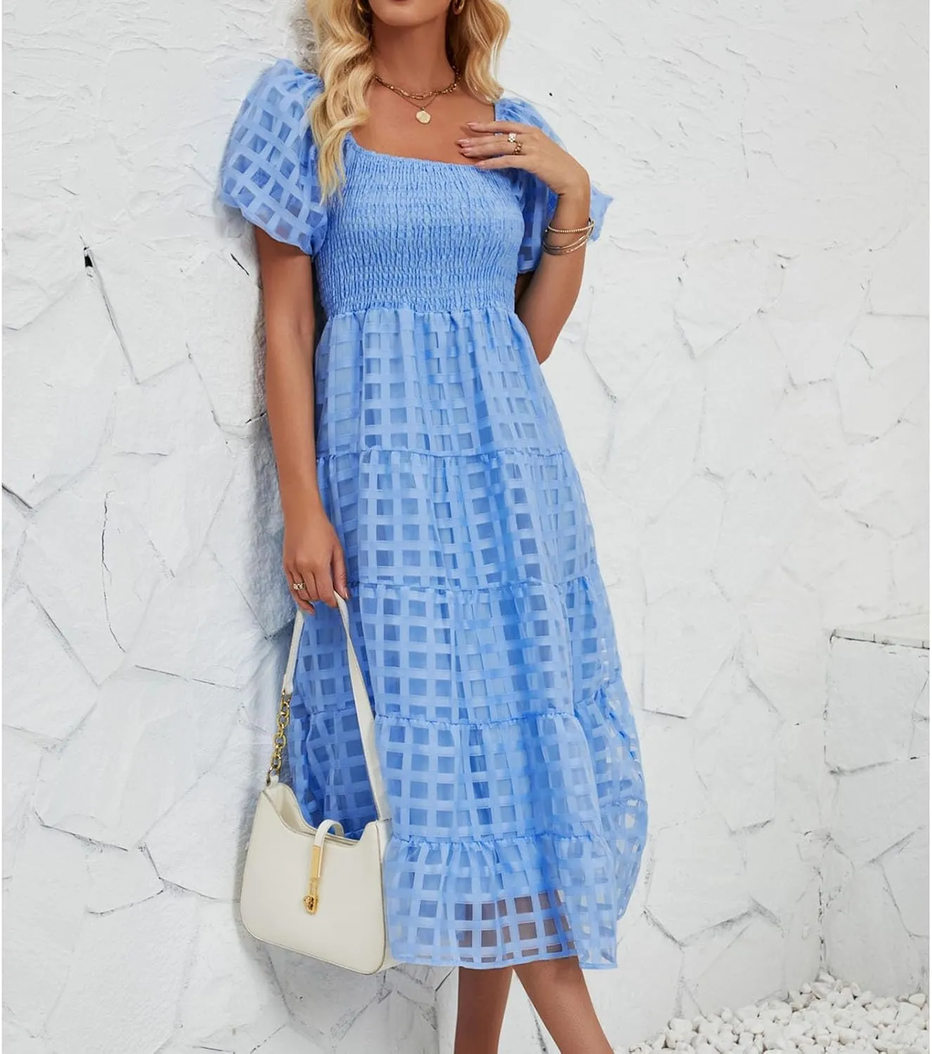 Women's Summer Boho Floral Print Long Dresses Square Neck Ruffle Short Sleeve Swing Beach Maxi Dress for Spring