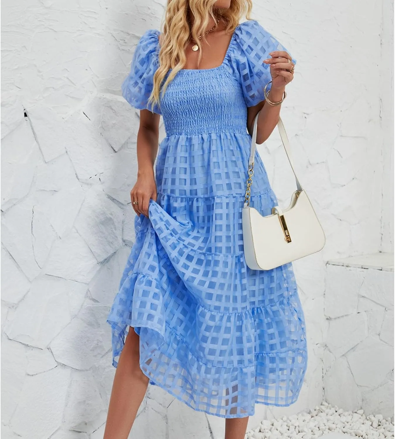 Women's Summer Boho Floral Print Long Dresses Square Neck Ruffle Short Sleeve Swing Beach Maxi Dress for Spring