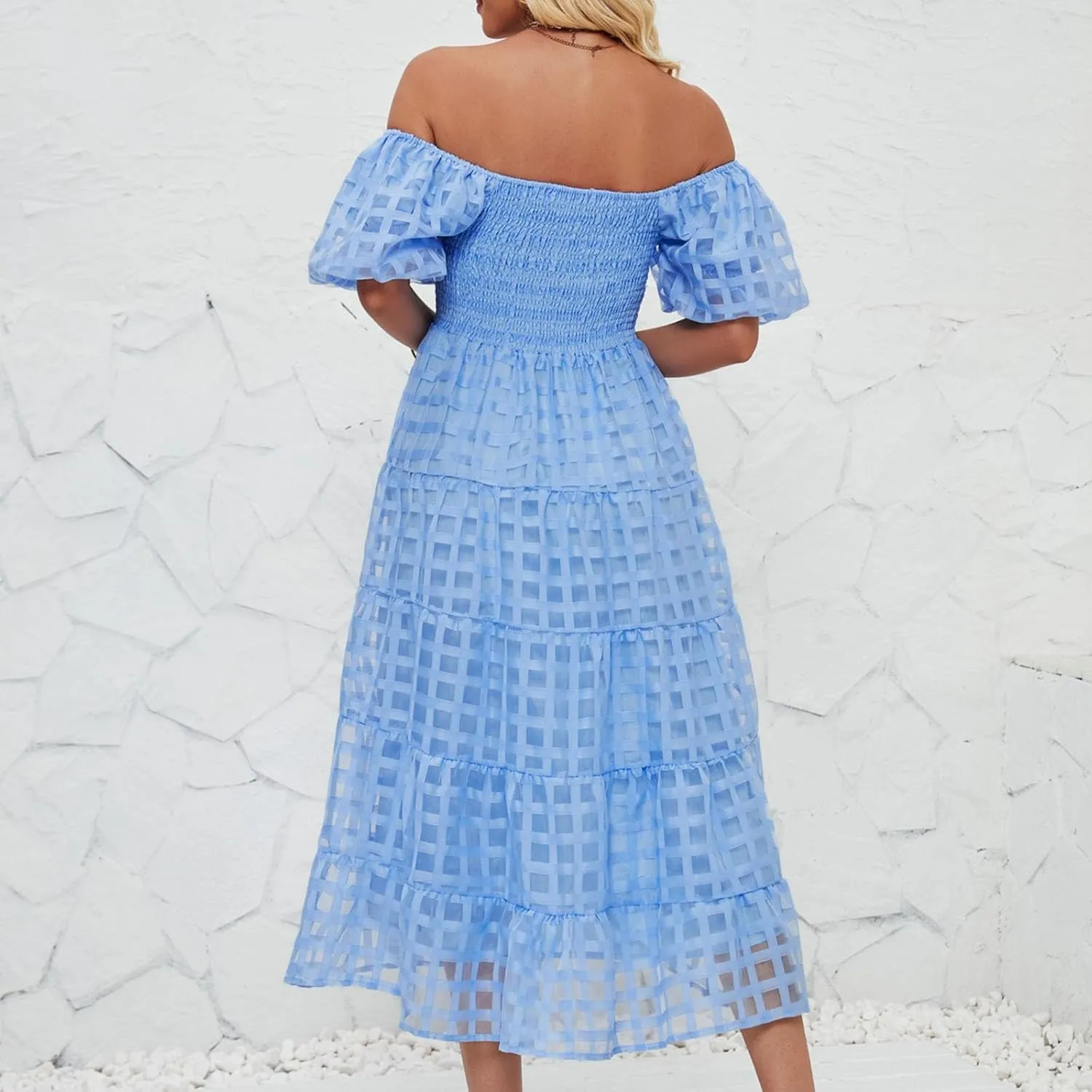 Women's Summer Boho Floral Print Long Dresses Square Neck Ruffle Short Sleeve Swing Beach Maxi Dress for Spring