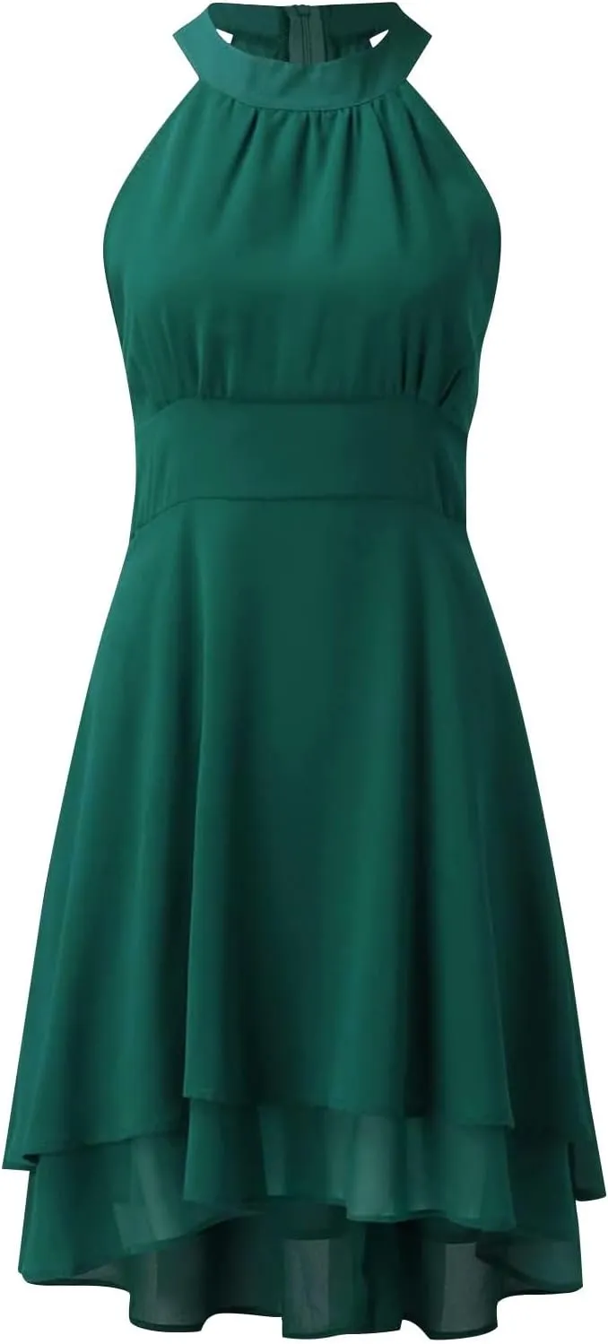 Women's Summer Dress Sleeveless Halter Neck Pletaed High Low Chiffon Tiered Layered Flowy Dress Party Wedding Outfits