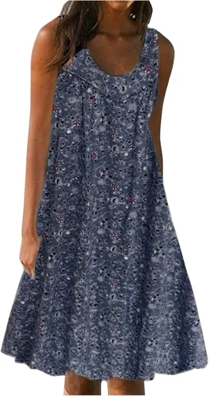 Womens Summer Floral Mini Dress Casual Sleeveless Sundress Round Neck Tank Dress Plus Size Beach Vacation Dresses
