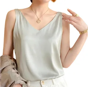 Women's Summer Ice Silk Camisole V-Neck Tops Satin Camis Crop Top Solid Blouse Vest Bean Paste EN8 S