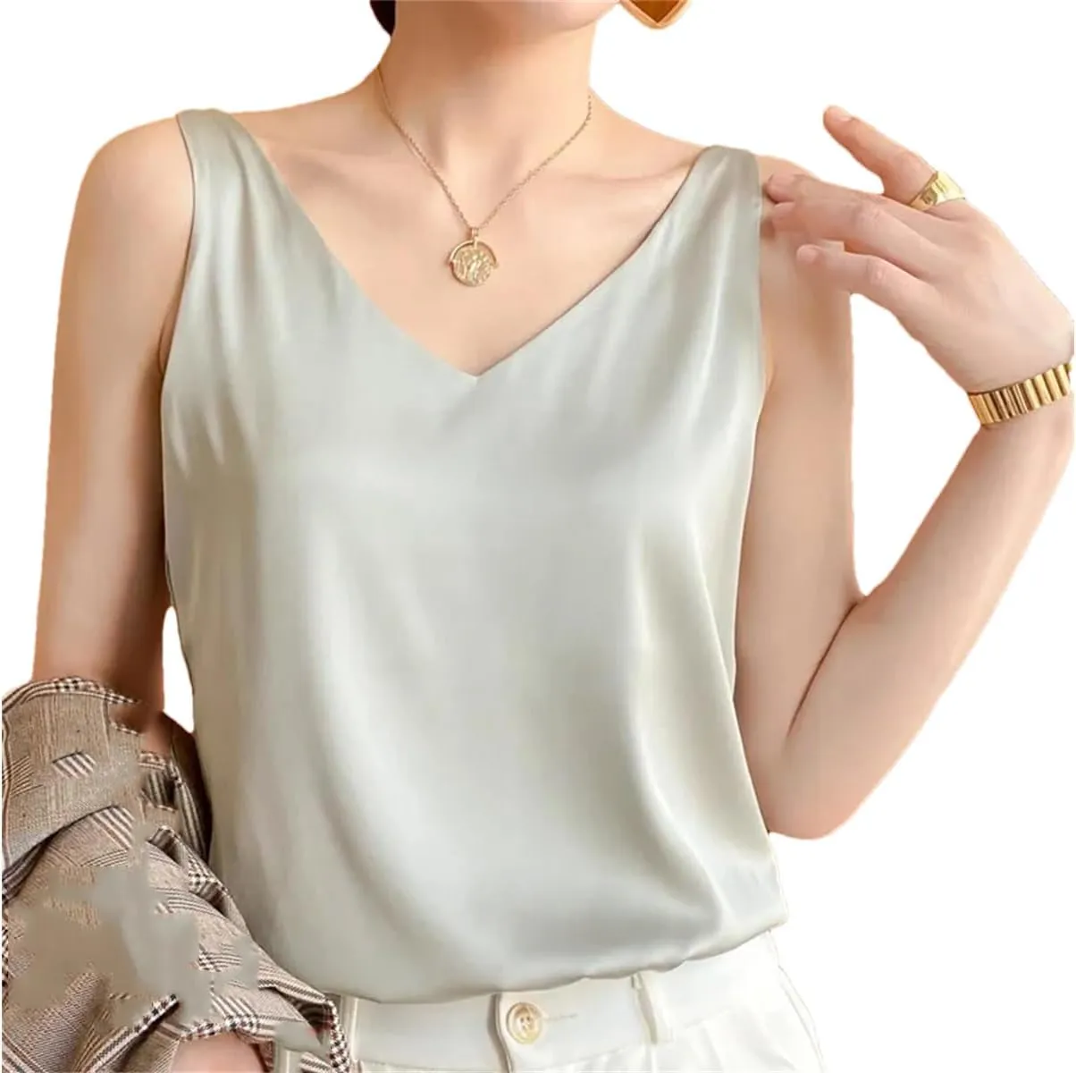 Women's Summer Ice Silk Camisole V-Neck Tops Satin Camis Crop Top Solid Blouse Vest Bean Paste EN8 S
