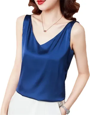 Women's Summer Ice Silk Camisole V-Neck Tops Satin Camis Crop Top Solid Blouse Vest Blue S