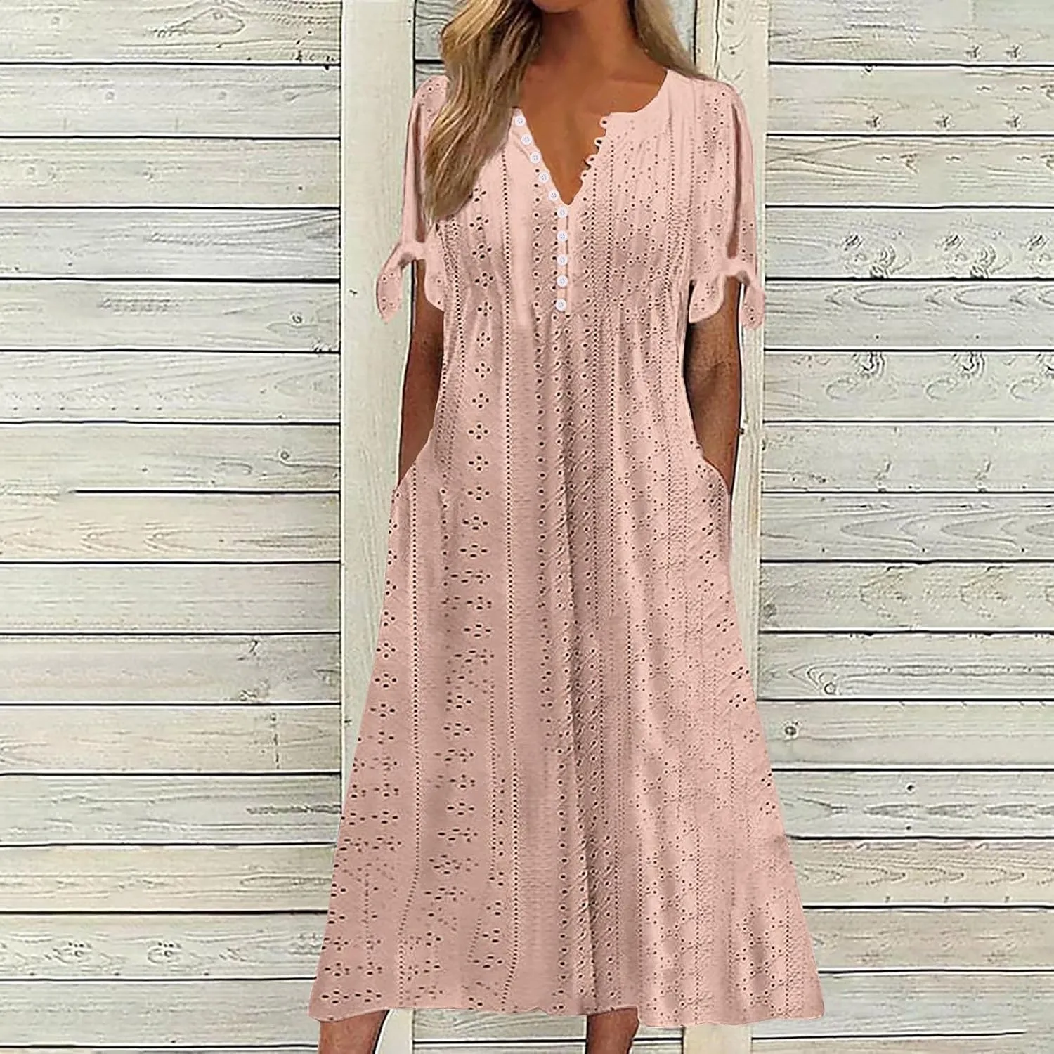 Womens Summer Maxi Dresses 2025 Trendy Eyelet Sundress Short Sleeve Casual T Shirt Dress Beach Vacation Travel Outfit