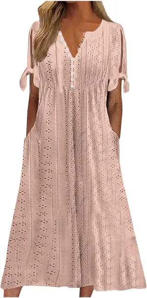 Womens Summer Maxi Dresses 2025 Trendy Eyelet Sundress Short Sleeve Casual T Shirt Dress Beach Vacation Travel Outfit