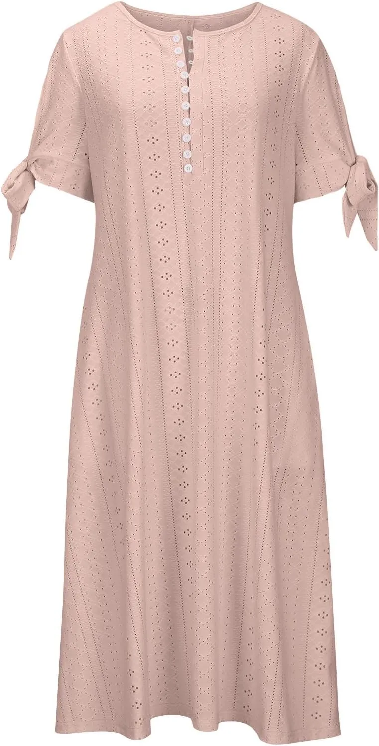 Womens Summer Maxi Dresses 2025 Trendy Eyelet Sundress Short Sleeve Casual T Shirt Dress Beach Vacation Travel Outfit