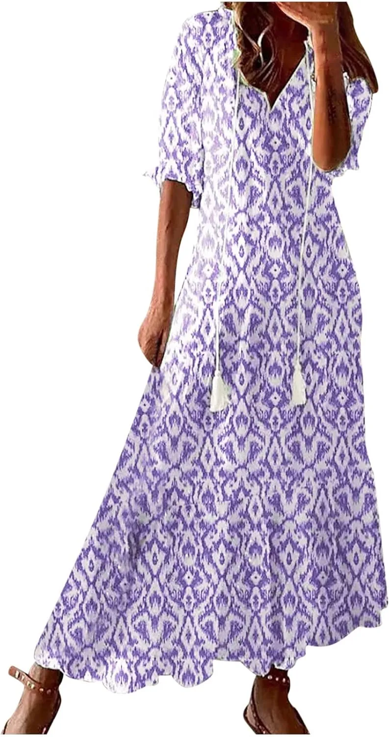 Women's Summer Ruffle Maxi Dresses 3/4 Sleeve Floral Pleated Swing Dress Bohemian Flowy A Line Boho Beach Long Dress