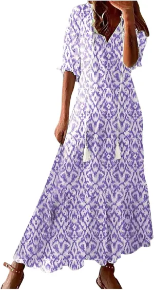 Women's Summer Ruffle Maxi Dresses 3/4 Sleeve Floral Pleated Swing Dress Bohemian Flowy A Line Boho Beach Long Dress