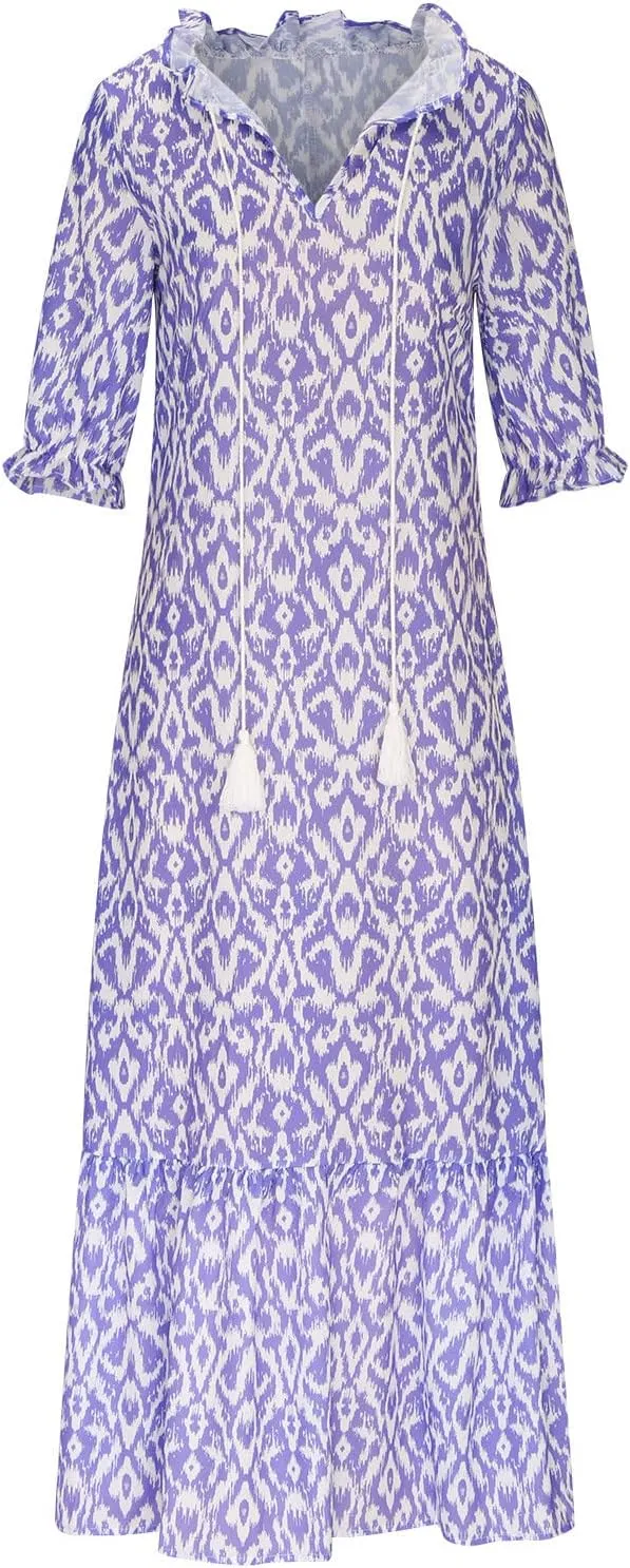 Women's Summer Ruffle Maxi Dresses 3/4 Sleeve Floral Pleated Swing Dress Bohemian Flowy A Line Boho Beach Long Dress