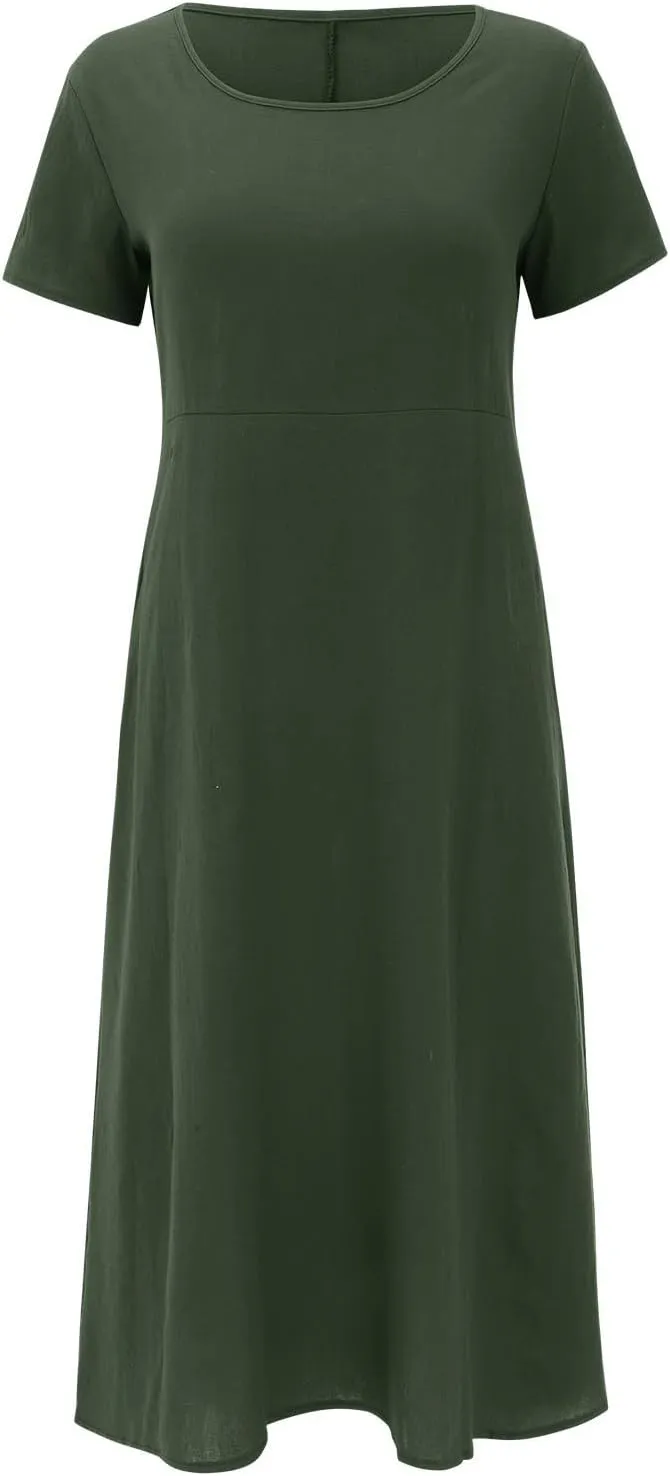 Women's Summer Short Sleeve Maxi Dress 2025 Casual V Neck Solid High Waist A-Line Flowy Loose Boho Long Dresses