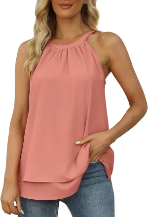 Womens Summer Tank Tops Casual Cute Pleated Strap Camisole Loose Fit Casual Sleeveless Halter Tank Tops Sexy Blouses