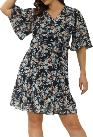 Women's Summer Wrap V Neck Polka Dot Print Ruffle Short Sleeve Mini Floral Dress with Tennis Dresses for Women