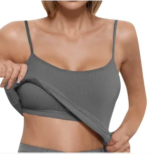 Women's Tank Top With Built In Bra Ribbed Knit Layer Shelf Bra Camisoles Spaghetti Strap Yoga Basic Cami Undershirts