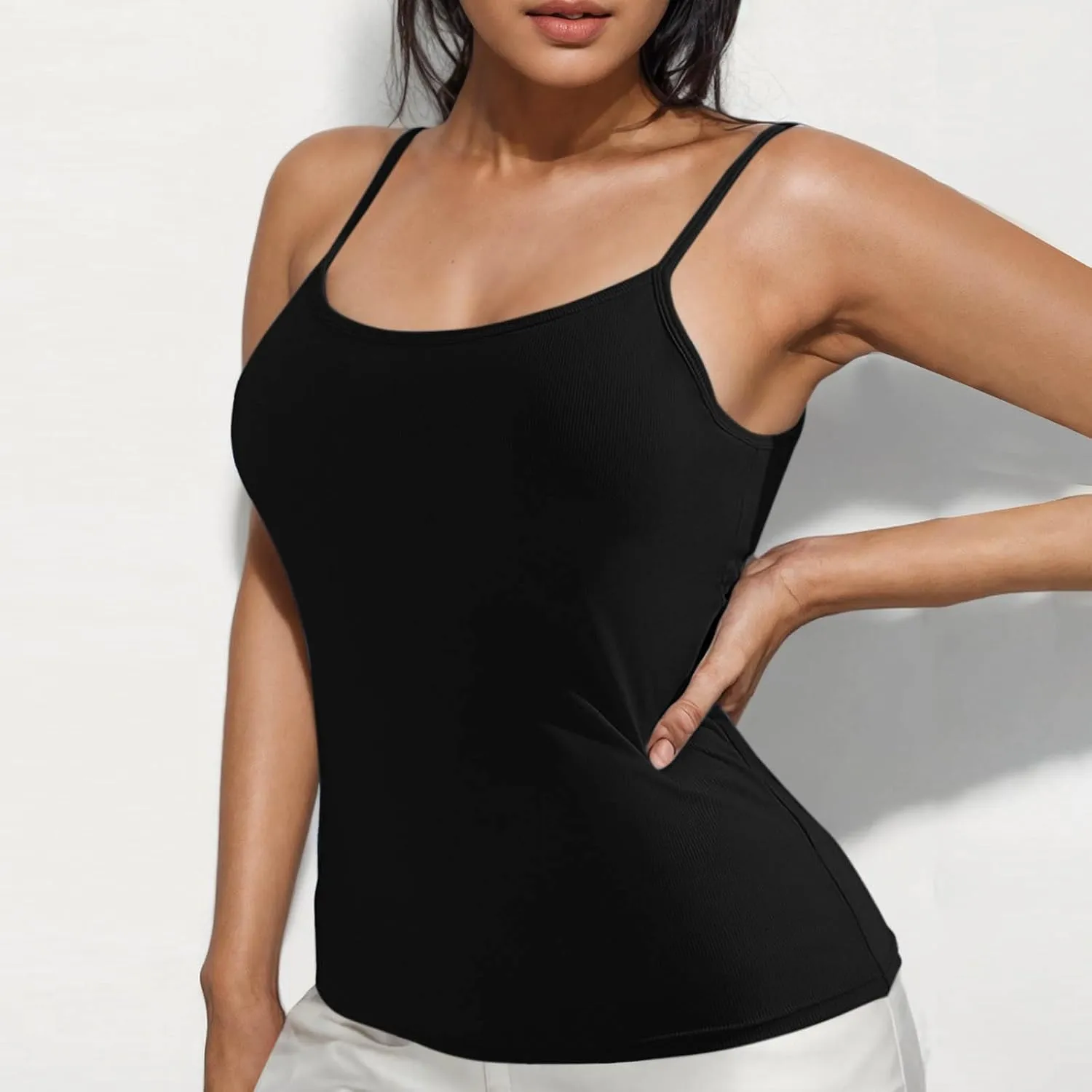 Women's Tank Top With Built In Bra Ribbed Knit Layer Shelf Bra Camisoles Spaghetti Strap Yoga Basic Cami Undershirts