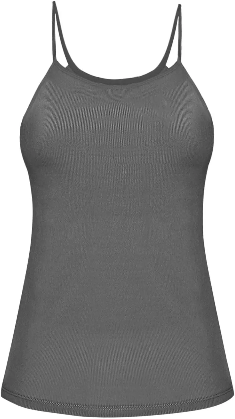 Women's Tank Top With Built In Bra Ribbed Knit Layer Shelf Bra Camisoles Spaghetti Strap Yoga Basic Cami Undershirts