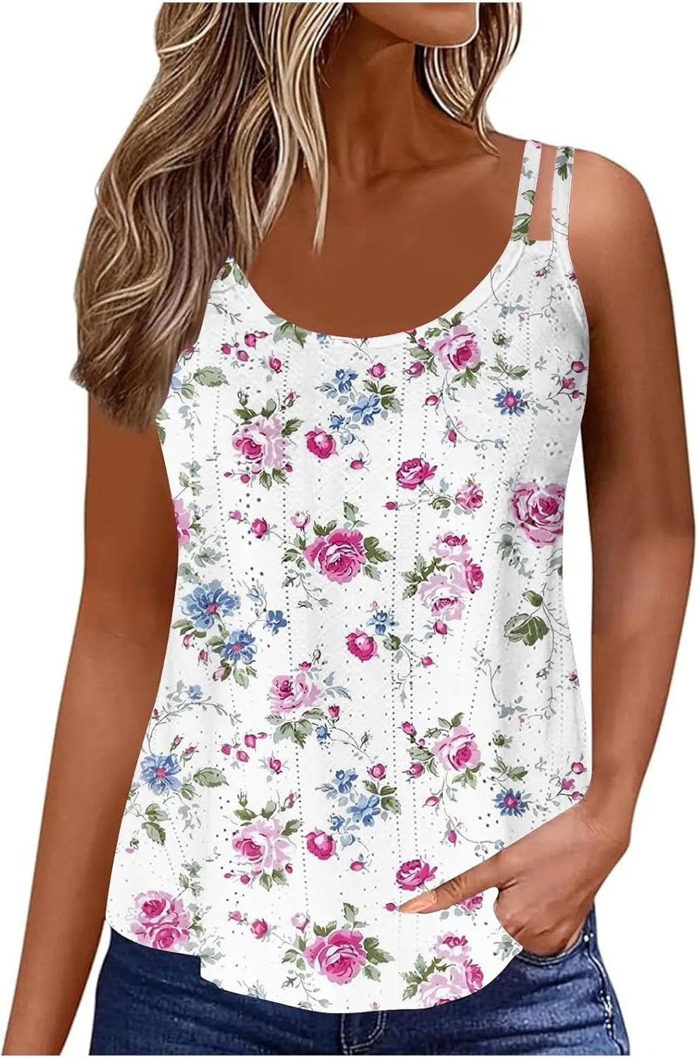 Womens Tank Tops Spaghetti Strap Camisoles Casual Summer Eyelet Shirts Sleeveless Blouses V Neck Cute Tunic Tops