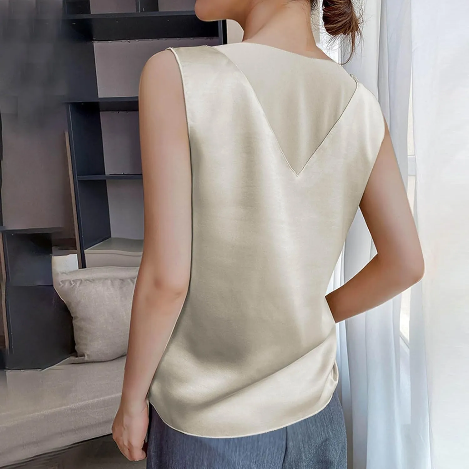 Womens Tank Tops V Neck Casual Silk Satin Cami Top Sleeveless Camisole Dressy Casual Blouses Summer Basic Tanks