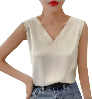 Womens Tank Tops V Neck Casual Silk Satin Cami Top Sleeveless Camisole Dressy Casual Blouses Summer Basic Tanks